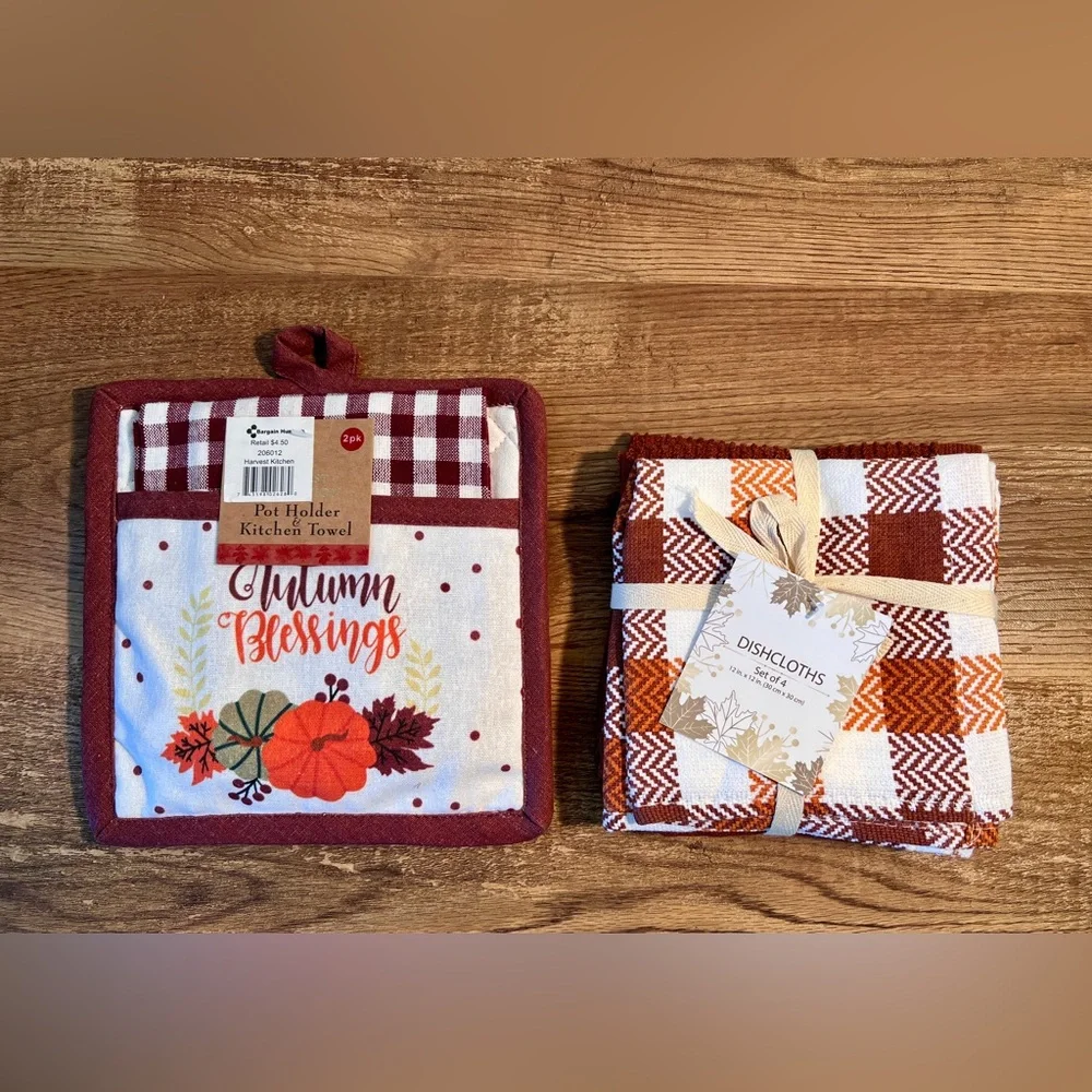 Autumn Blessings Pot Holder and Towel‎ Set and Set of Four Dishcloths